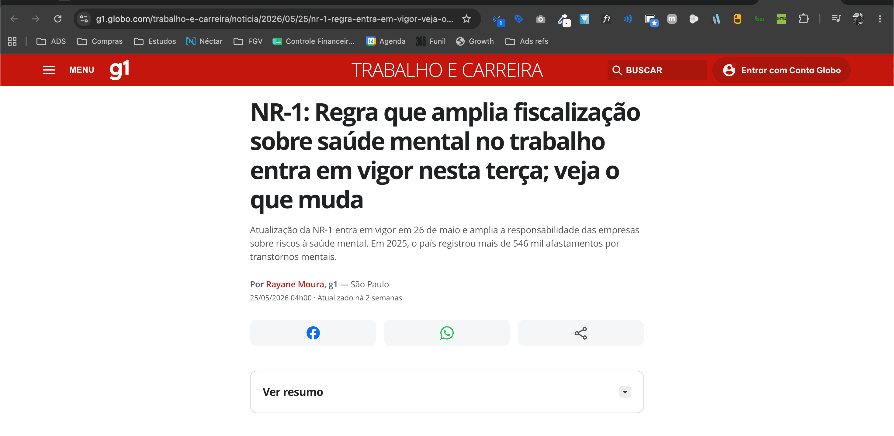 Reportagem do G1 sobre a nova NR-01