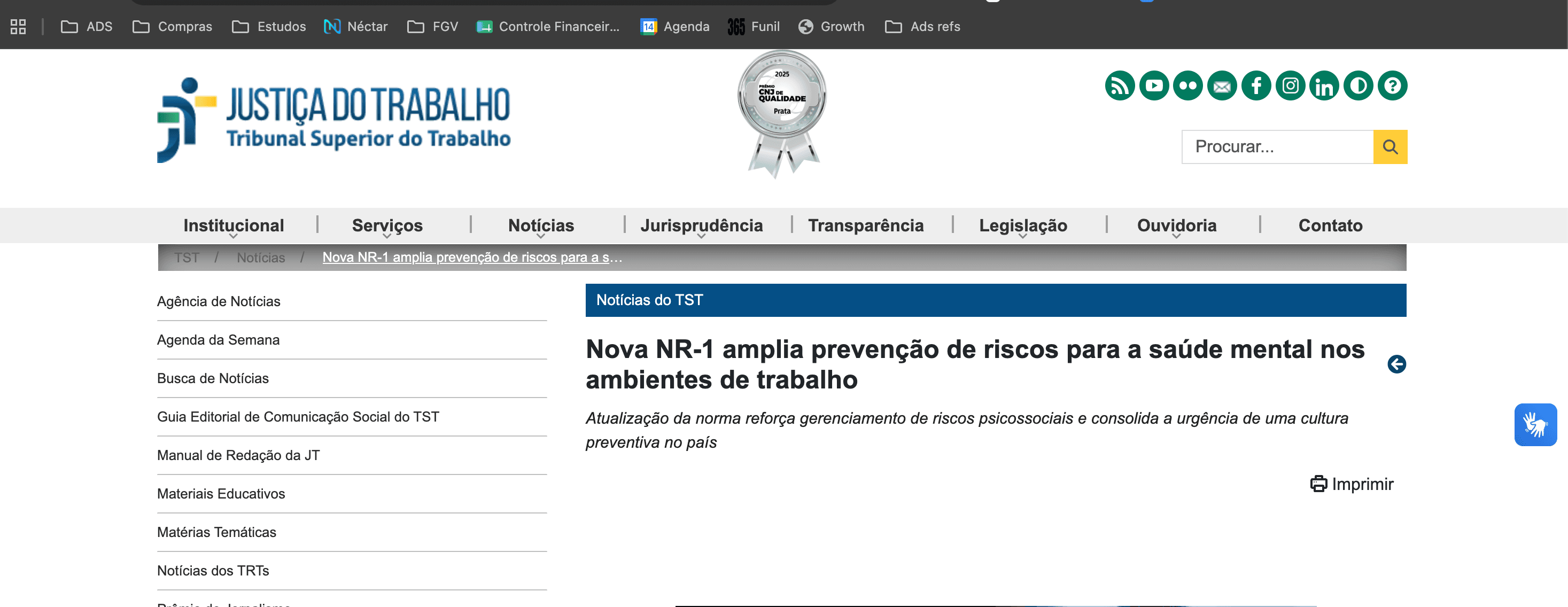 Reportagem do TST · Justiça do Trabalho sobre a nova NR-01
